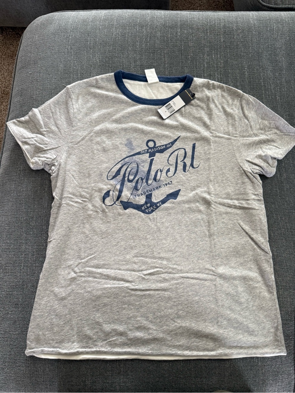 Polo by Ralph Lauren Heather Gray T-Shirt with Navy Logo Ringer